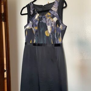 Tahari Blue and Gold Sheath Midi Dress